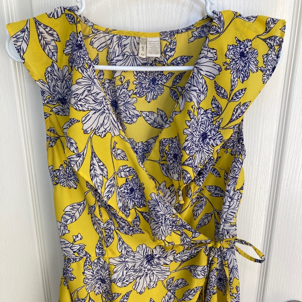 Japna Yellow and Navy Floral Wrap Blouse